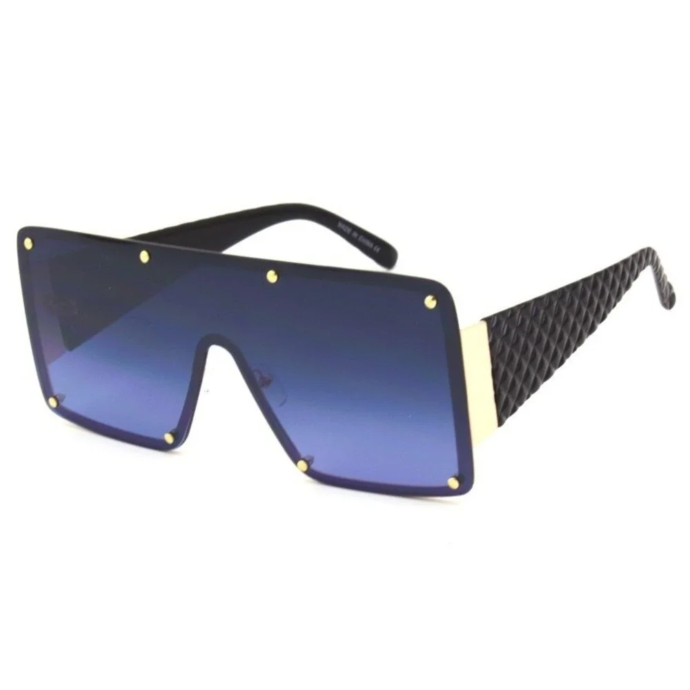 RETRO SHIELD Style Party Rave‎ Club DJ SUN GLASSES Gold Frame Flat Blue Lens New